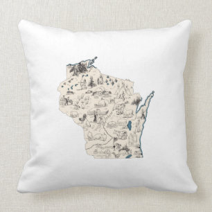 Wisconsin Shaped Vintage Picture Map Antique Chart Throw Pillow