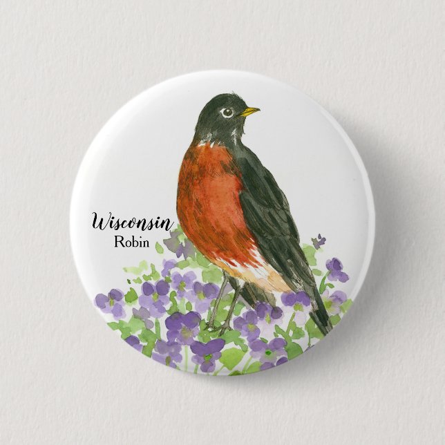 Wisconsin Souvenir American Robin Purple Violets  2 Inch Round Button (Front)
