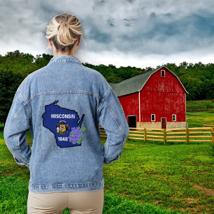 Wisconsin State Flag & Flower Common Blue Violet Denim Jacket