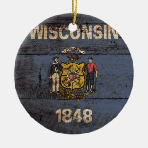 Wisconsin State Flag on Old Wood Grain Ceramic Ornament