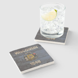 Wisconsin State Flag on Old Wood Grain Stone Coaster