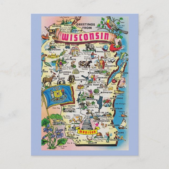 Wisconsin State Map Postcard (Front)