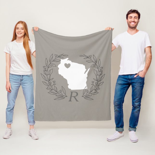 Wisconsin state map wreath leaves monogram fleece blanket (In Situ)