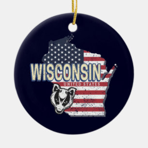 Wisconsin United States State Map Vintage USA Lugg Ceramic Ornament