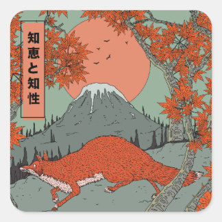 Wisdom and intelligence vintage Japanese fox art . Square Sticker