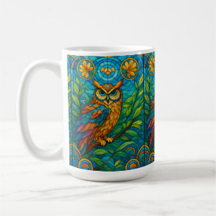 Wisdom in Glass Stained-Glass Owl with Floral  Coffee Mug
