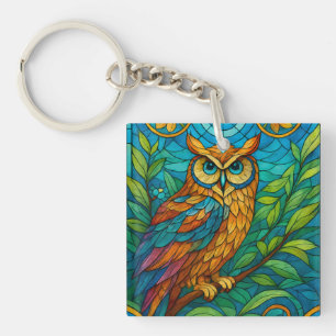Wisdom in Glass Stained-Glass Owl with Floral Keychain