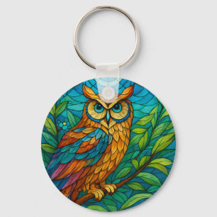 Wisdom in Glass Stained-Glass Owl with Floral Keychain