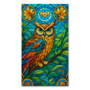 Wisdom in Glass Stained-Glass Owl with Floral  Magnetic Business Card