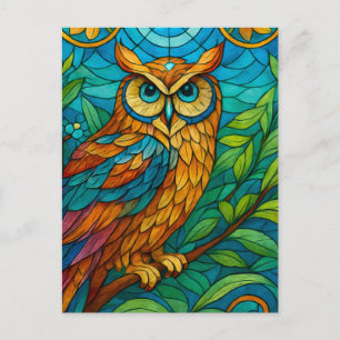 Wisdom in Glass Stained-Glass Owl with Floral  Postcard