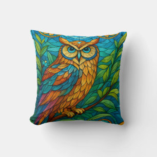 Wisdom in Glass Stained-Glass Owl with Floral Throw Pillow