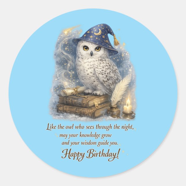 Wisdom & Knowledge Snow Owl Happy Birthday Card Classic Round Sticker (Front)