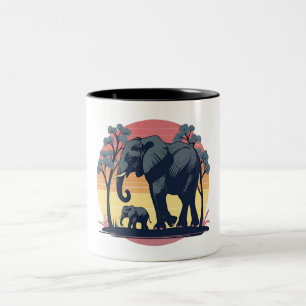 Wise and Wild – Retro Elephant Family Sunset Two-Tone Coffee Mug