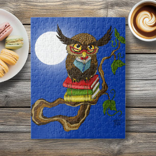 Wise Blue Cute Brown Reading Owl Books Jigsaw Puzzle