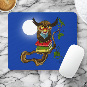 Wise Blue Cute Brown Reading Owl Books Mouse Pad