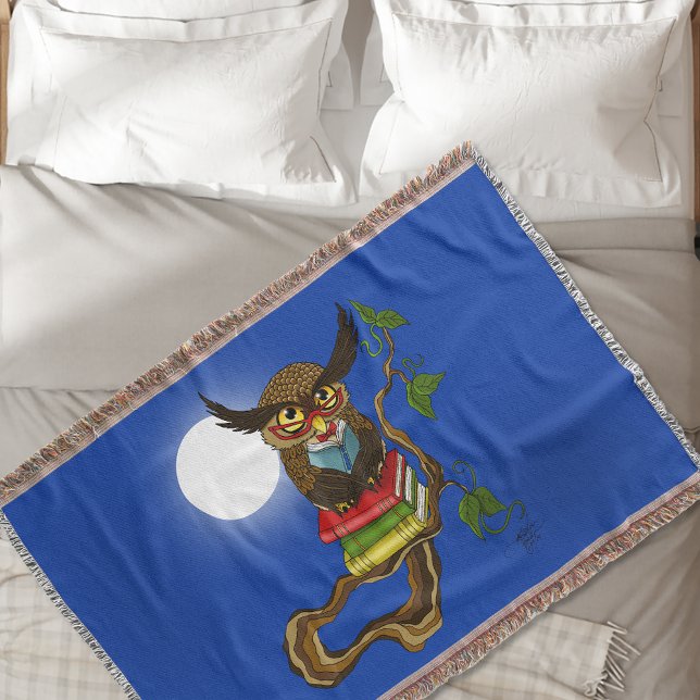 Wise Blue Cute Brown Reading Owl Books Throw Blanket (Creator Uploaded)