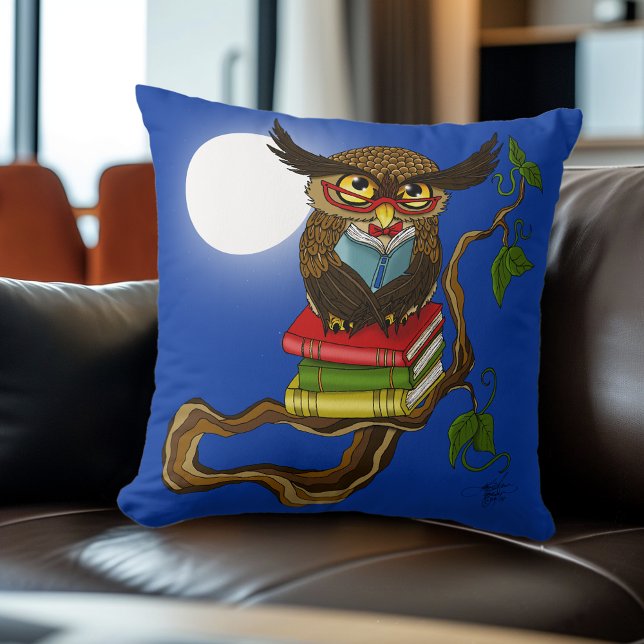 Wise Blue Cute Brown Reading Owl Books Throw Pillow (Creator Uploaded)