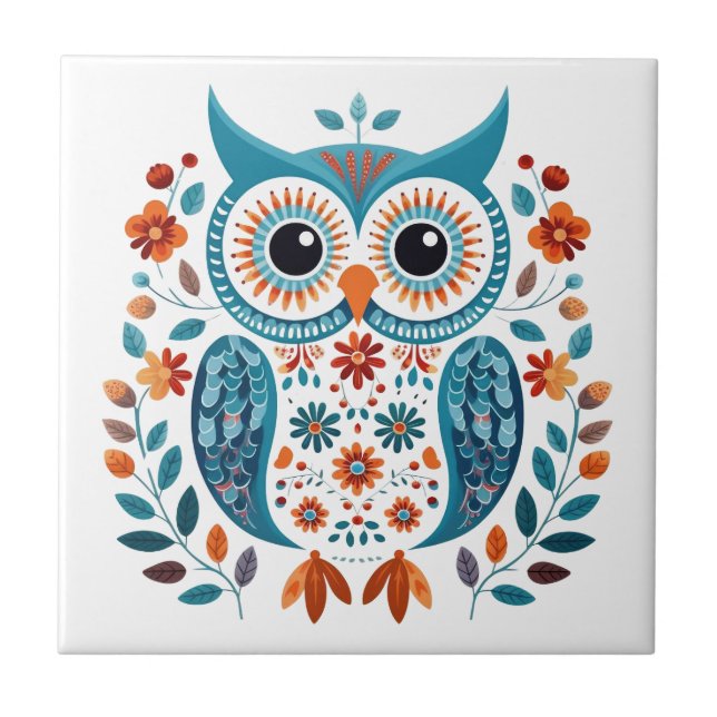 Wise Blue Owl Scandinavian Folk Art Tile (Front)