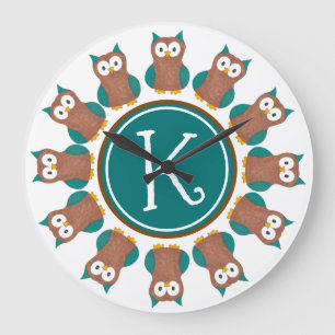 Wise Brown Blue Owl Bird Bedroom Initial Large Clock