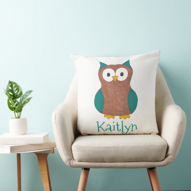 Wise Brown Blue Owl Bird Bedroom Personalized Throw Pillow (Chair)