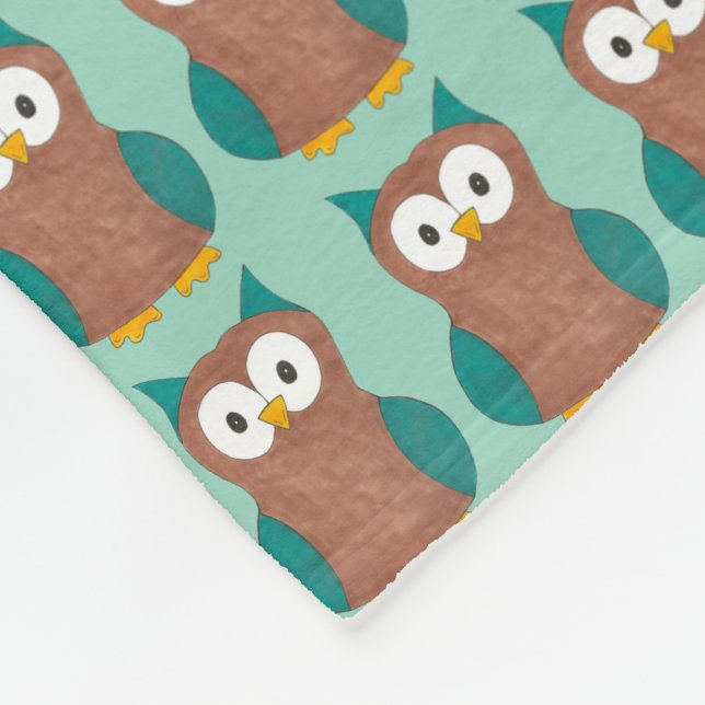 Wise Brown Teal Blue Barn Owl Cartoon Bird Fleece Blanket (Corner)