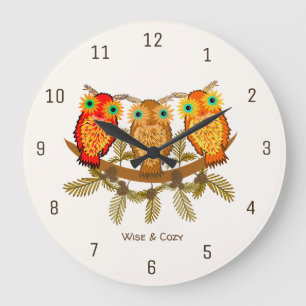 Wise & Cozy – Three Orange Owls Art Large Clock