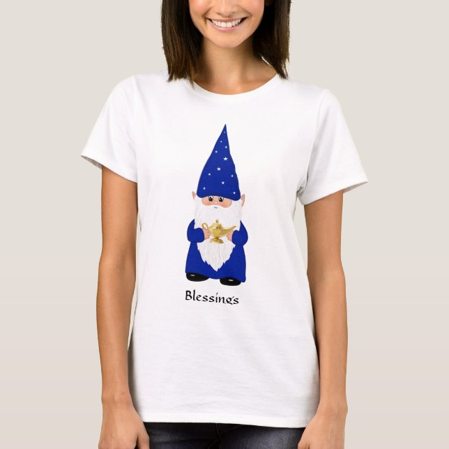 Wise Gnome Dressed in Blue with Lamp T-Shirt (Front)