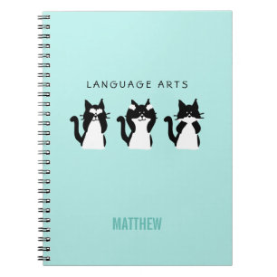 Wise Kitties Black White Aqua School Subject Notebook