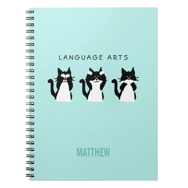 Wise Kitties Black White Aqua School Subject Notebook (Front)