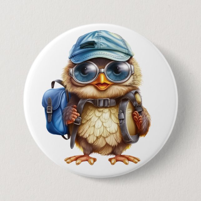 Wise Little Traveller - Kid Owl with backpack 3 Inch Round Button (Front)