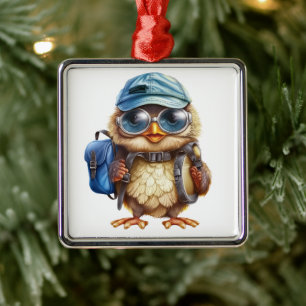 Wise Little Traveller - Kid Owl with backpack Metal Ornament