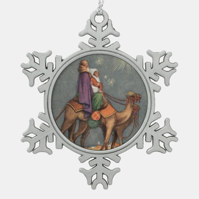 Wise Men, Camel Vintage Art Snowflake Ornament (Front)