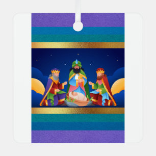 Wise men visit baby jesus metal ornament