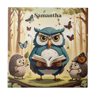 Wise old owl, butterflies, hedgehogs Editable name Tile