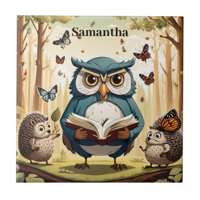 Wise old owl, butterflies, hedgehogs Editable name Tile (Front)