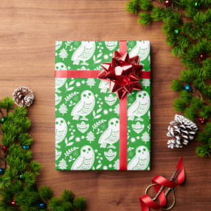 Wise Owl Folk Art Green Holiday Wrapping Paper