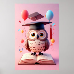 Wise Owl Graduation Hat Perched on Book 🦉🎓📚✨ Poster
