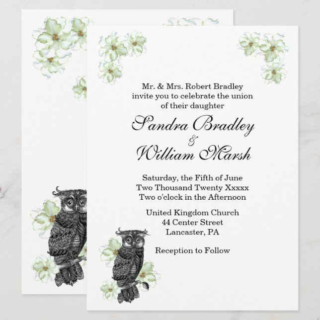 Wise Owl Green Flowers Wedding Invitation (Front/Back)
