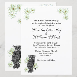 Wise Owl Green Flowers Wedding Invitation