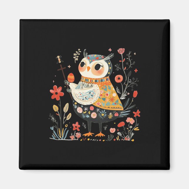 Wise Owl Guardian - Easter Egg Folk Art  Magnet (Front)