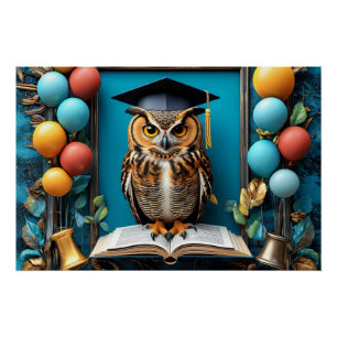 Wise Owl in Graduation Cap Posing with Book Poster