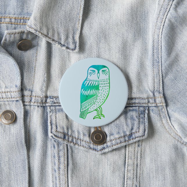 Wise Owl line drawing blue green 3 Inch Round Button (In Situ)