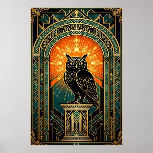 Wise Owl Silhouette Art Deco Midnight Gold Poster (Front)