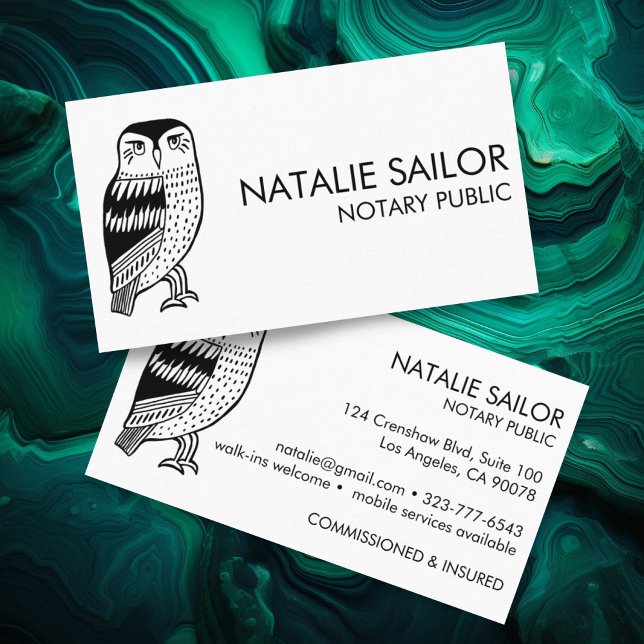 WISE OWL Unique Modern Logo Notary Public Legal Business Card (Cute owls decorate these custom business cards)