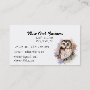 Wise Owl Watercolor Bird Logo Custom Business Business Card