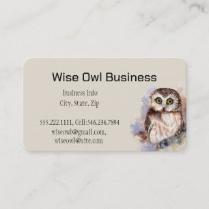 Wise Owl Watercolor Bird Logo Custom Business Card