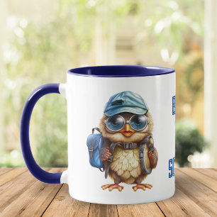 Wise Owl with Blue backpack, hats and an eyeglass, Mug