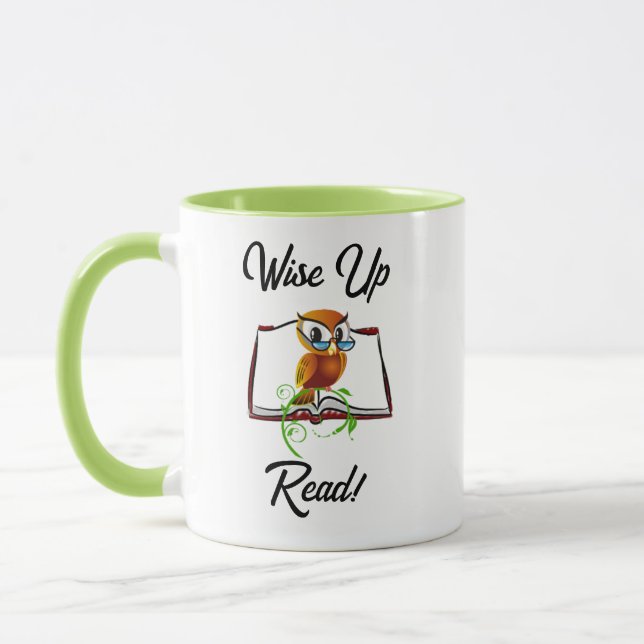 Wise Up and Read Book Owl Funny Kids Cartoon Mug (Left)