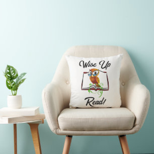Wise Up and Read Book Owl Funny Kids Cartoon Throw Pillow