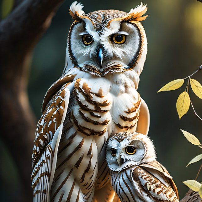Wise white owl with baby sitting on a branch tissue paper (Creator Uploaded)